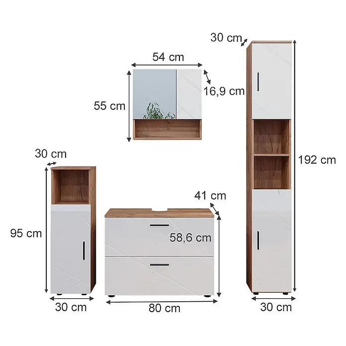 Vicco Badmöbel-Set Irma Weiß Hochglanz 4 Teile, mit Schubladenschrank und Hochschrank - Weiß Hochglanz, Glänzend - Weiß-holzfarbenes Badmöbelset mit Spiegel, Hoch-, Seiten- und Waschtischunterschränken.