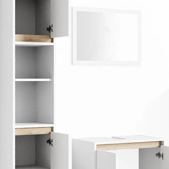 Vicco Badmöbel-Set Emma Weiß/Sonoma 3 Teile, mit Hochschrank - Gesamtbreite Badmöbel: 88 cm, Weiß, Matt - Weißes Aufbewahrungsmöbel mit Holz-Akzenten, offenen Regalen, Türen und einem rechteckigen Spiegel.