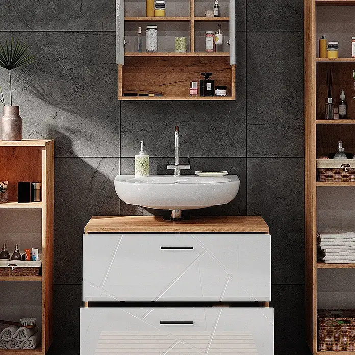 Vicco Badmöbel-Set Irma Weiß Hochglanz 4 Teile, mit Schubladenschrank und Hochschrank - Weiß Hochglanz, Glänzend - Moderner Badezimmerschrank mit weißem Waschbecken, Holzplatte und weißen Schubladen mit geometrischem Muster.