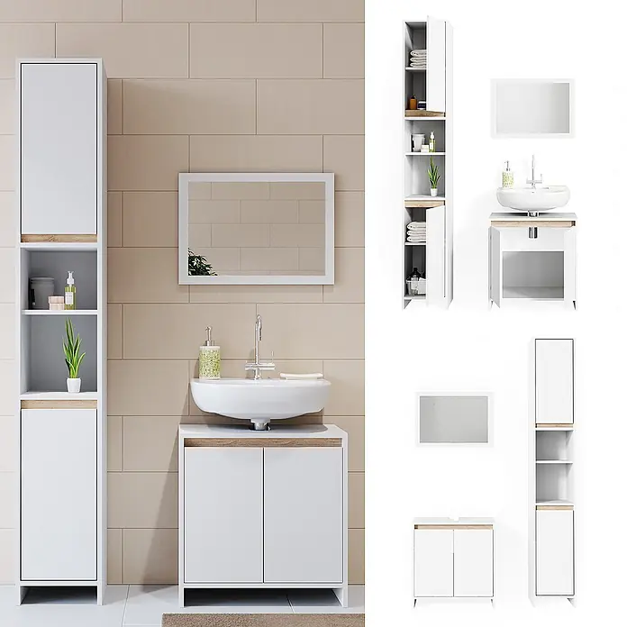 Vicco Badmöbel-Set Emma Weiß/Sonoma 3 Teile, mit Hochschrank - Gesamtbreite Badmöbel: 88 cm, Weiß, Matt - Weißes Badmöbel-Set mit hellen Holzdetails: Hochschrank, Waschtisch mit Waschbecken und rechteckiger Spiegel.