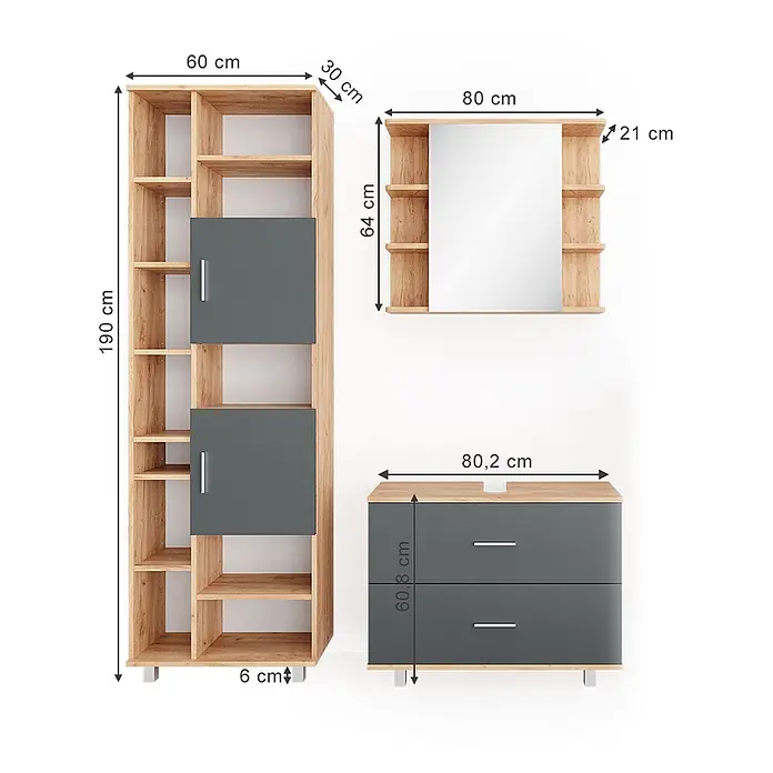 Vicco Badmöbel-Set Ilias Anthrazit/Goldkraft Eiche 3 Teile, mit Hochschrank - Gesamtbreite Badmöbel: 140,2 cm, Anthrazit, Matt - Set aus drei Möbelstücken in heller Holzoptik und Grau: ein hohes Regal, ein Spiegelschrank und ein Schubladenschrank.