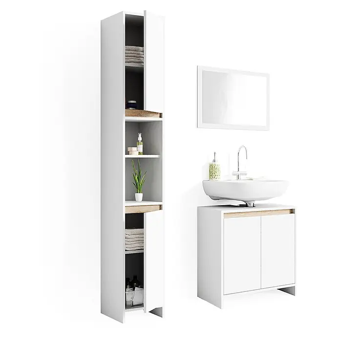 Vicco Badmöbel-Set Emma Weiß/Sonoma 3 Teile, mit Hochschrank - Gesamtbreite Badmöbel: 88 cm, Weiß, Matt - Weißes Badezimmermöbelset mit Holz-Akzenten: ein hoher Schrank und ein Waschtischunterschrank mit Aufsatzwaschbecken.