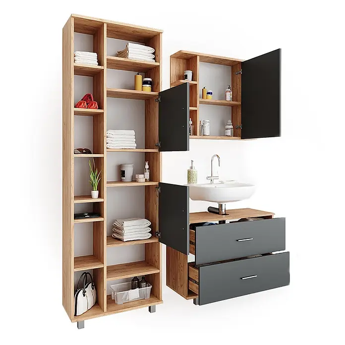 Vicco Badmöbel-Set Ilias Anthrazit/Goldkraft Eiche 3 Teile, mit Hochschrank - Gesamtbreite Badmöbel: 140,2 cm, Anthrazit, Matt - Badmöbelset mit hellen Holzregalen, dunkelgrauen Schränken und Waschtisch.
