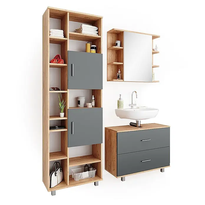 Vicco Badmöbel-Set Ilias Anthrazit/Goldkraft Eiche 3 Teile, mit Hochschrank - Gesamtbreite Badmöbel: 140,2 cm, Anthrazit, Matt - Badezimmermöbel-Set mit Hochschrank, Waschtischunterschrank und Spiegelschrank, in heller Holzoptik und Grau.