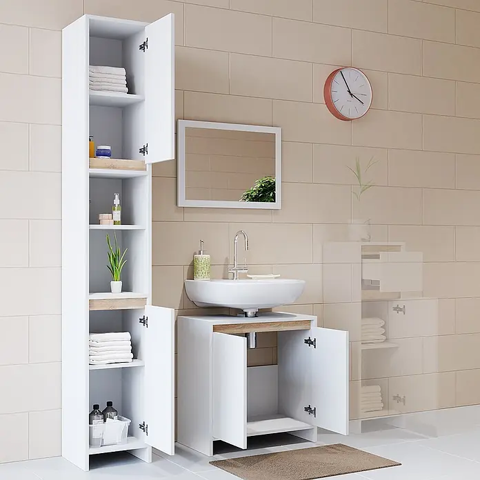 Vicco Badmöbel-Set Emma Weiß/Sonoma 3 Teile, mit Hochschrank - Gesamtbreite Badmöbel: 88 cm, Weiß, Matt - Weißes Badezimmerschrank-Set mit Hochschrank und Waschtischunterschrank, akzentuiert mit Eichenholz-Optik.
