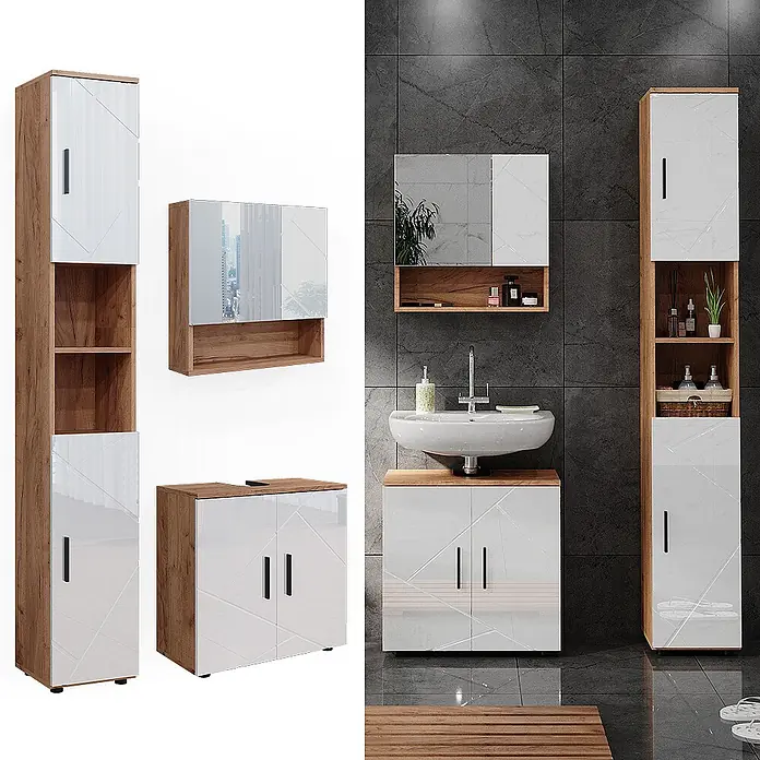Vicco Badmöbel-Set Irma Weiß Hochglanz/Goldkraft Eiche 3 Teile, mit Hochschrank - Gesamtbreite Badmöbel: 90 cm, Weiß Hochglanz, Glänzend - Badmöbel-Set mit weißen Hochglanzfronten und Holzdekor-Akzenten, bestehend aus Hochschrank, Spiegelschrank und Waschtischunterschrank.