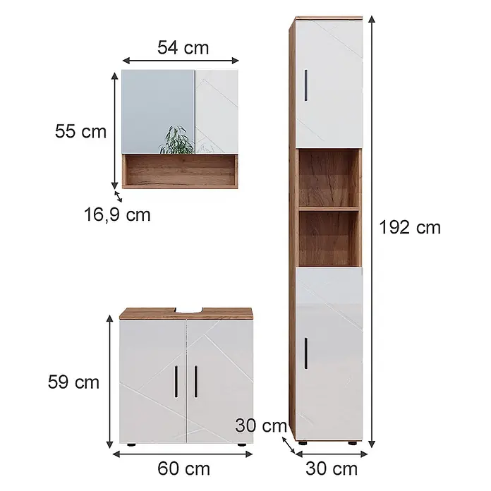 Vicco Badmöbel-Set Irma Weiß Hochglanz/Goldkraft Eiche 3 Teile, mit Hochschrank - Gesamtbreite Badmöbel: 90 cm, Weiß Hochglanz, Glänzend - Weißes und holzfarbenes Badmöbelset mit Spiegelschrank, Waschtischunterschrank und Hochschrank inklusive Maßen.