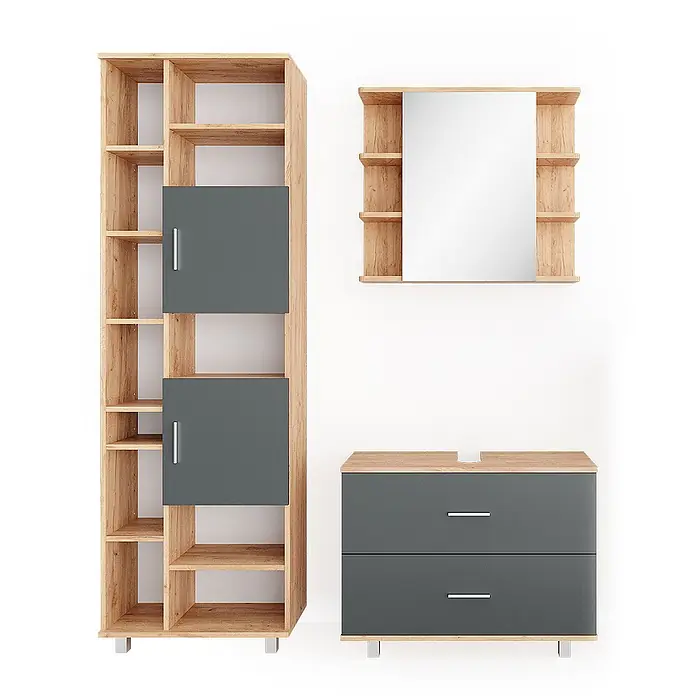 Vicco Badmöbel-Set Ilias Anthrazit/Goldkraft Eiche 3 Teile, mit Hochschrank - Gesamtbreite Badmöbel: 140,2 cm, Anthrazit, Matt - Badezimmermöbel-Set: hohes Regal, Spiegelschrank und Waschtischunterschrank in heller Holzoptik und Dunkelgrau.