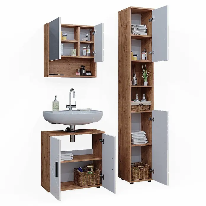 Vicco Badmöbel-Set Irma Weiß Hochglanz/Goldkraft Eiche 3 Teile, mit Hochschrank - Gesamtbreite Badmöbel: 90 cm, Weiß Hochglanz, Glänzend - Badezimmermöbel-Set in Holzoptik mit hellgrauen Türen, bestehend aus Wandschrank, Waschtischunterschrank und hohem Stauraumschrank.