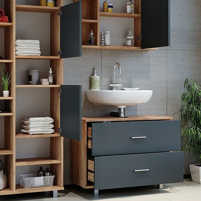 Vicco Badmöbel-Set Ilias Anthrazit/Goldkraft Eiche 3 Teile, mit Hochschrank - Gesamtbreite Badmöbel: 140,2 cm, Anthrazit, Matt - Moderner Holz-Waschtischunterschrank mit anthrazitfarbenen Schubladen und Waschbecken, ergänzt durch passende Regale und Schränke.