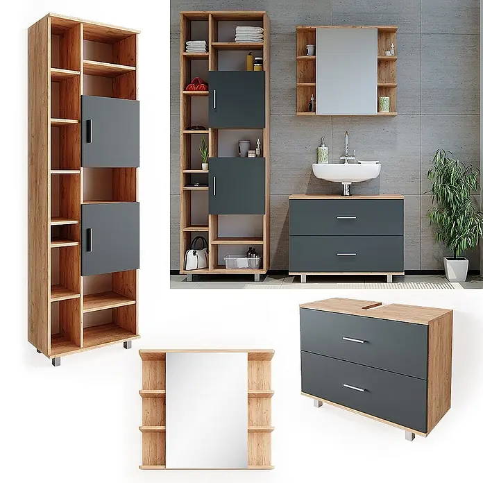Vicco Badmöbel-Set Ilias Anthrazit/Goldkraft Eiche 3 Teile, mit Hochschrank - Gesamtbreite Badmöbel: 140,2 cm, Anthrazit, Matt - Modernes Badset: hoher Schrank in Eichenoptik mit grauen Türen, passender Spiegelschrank und Waschtisch mit anthrazitfarbenen Schubladen.