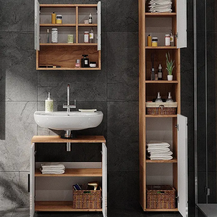 Vicco Badmöbel-Set Irma Weiß Hochglanz/Goldkraft Eiche 3 Teile, mit Hochschrank - Gesamtbreite Badmöbel: 90 cm, Weiß Hochglanz, Glänzend - Modernes Badmöbel-Set aus Holz und Weiß mit Waschbecken, Wandschrank und hohem Stauraum, gefüllt mit Pflegeprodukten.