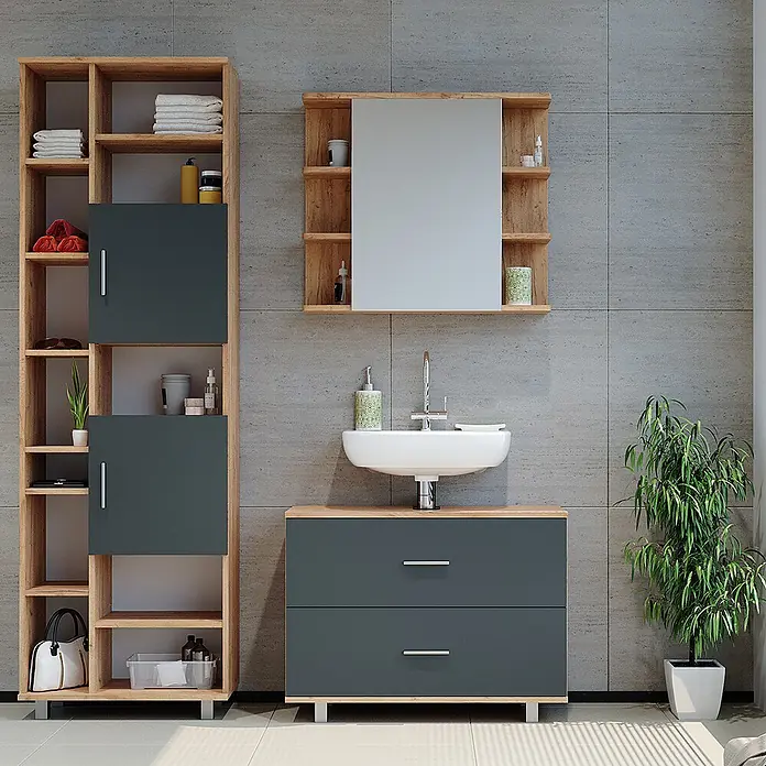Vicco Badmöbel-Set Ilias Anthrazit/Goldkraft Eiche 3 Teile, mit Hochschrank - Gesamtbreite Badmöbel: 140,2 cm, Anthrazit, Matt - Moderne Badezimmermöbel aus Dunkelgrau und hellem Holz, bestehend aus Regal, Spiegelschrank und Waschtisch.