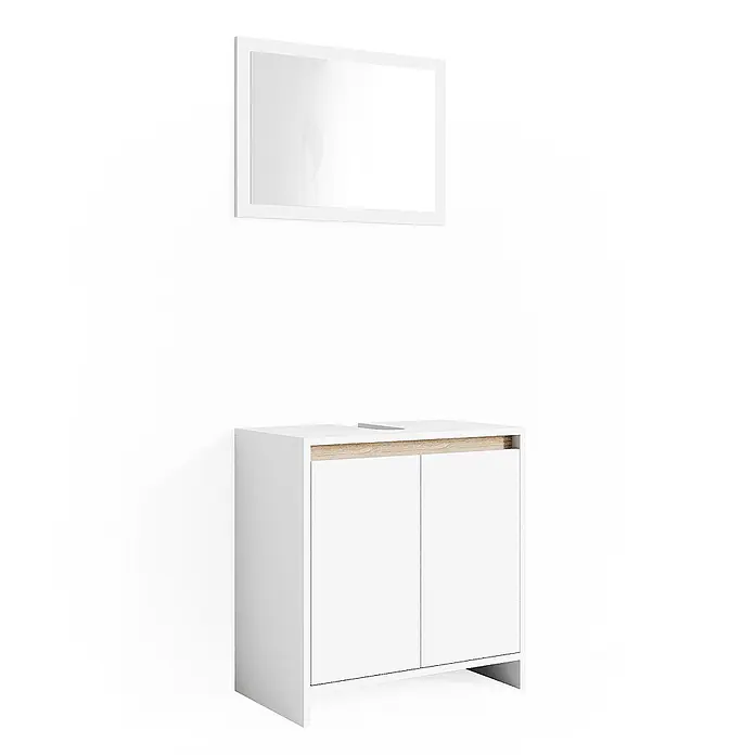 Badmöbel-Set Emma 60 cm Weiß Art.-Nr. 29823 -  - Weißer Badschrank mit zwei Türen und hellem Holzdekor, dazu ein rechteckiger Spiegel.