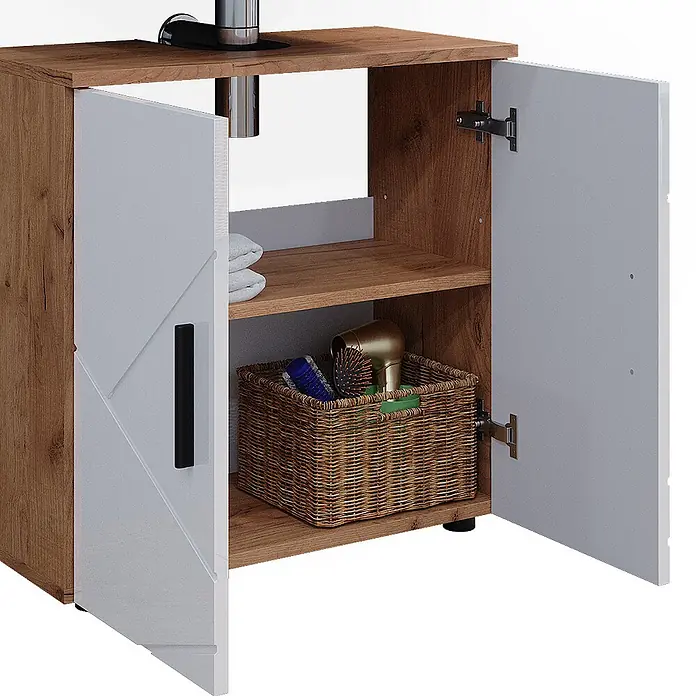 Vicco Badmöbel-Set Irma Weiß Hochglanz/Goldkraft Eiche 3 Teile, mit Hochschrank - Gesamtbreite Badmöbel: 90 cm, Weiß Hochglanz, Glänzend - Offener Waschtischunterschrank in Holzoptik mit weißen Türen, Innenregalen und Sanitäranschluss. Zeigt Handtücher und Badartikel in einem Korb.