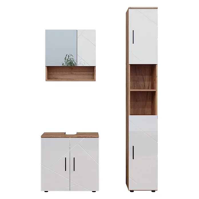 Vicco Badmöbel-Set Irma Weiß Hochglanz/Goldkraft Eiche 3 Teile, mit Hochschrank - Gesamtbreite Badmöbel: 90 cm, Weiß Hochglanz, Glänzend - Weißes Badezimmermöbel-Set mit geometrischem Muster und Holzoptik-Details, inkl. Spiegelschrank, Waschtischunterschrank und Hochschrank.