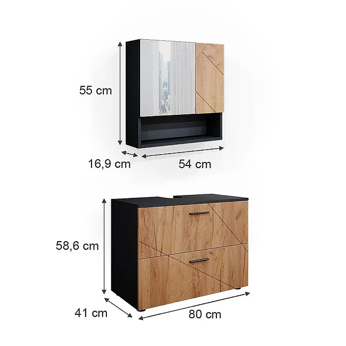 Vicco Badmöbel-Set Irma Goldkraft Eiche/Anthrazit 2 Teile - Gesamtbreite Badmöbel: 80 cm, Goldkraft Eiche, Matt - Schwarzes und helles Holz-Badezimmermöbel-Set mit geometrischem Muster. Enthält einen Wandschrank mit Spiegel und einen Unterschrank.