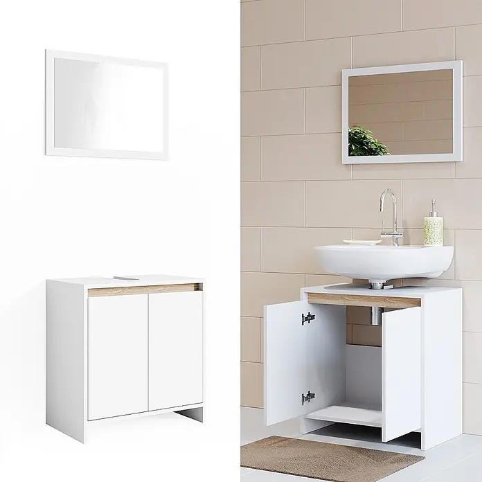 Badmöbel-Set Emma 60 cm Weiß Art.-Nr. 29823 -  - Weißer Badezimmerschrank mit heller Holzplatte und zwei Türen, offen mit Waschbecken gezeigt.