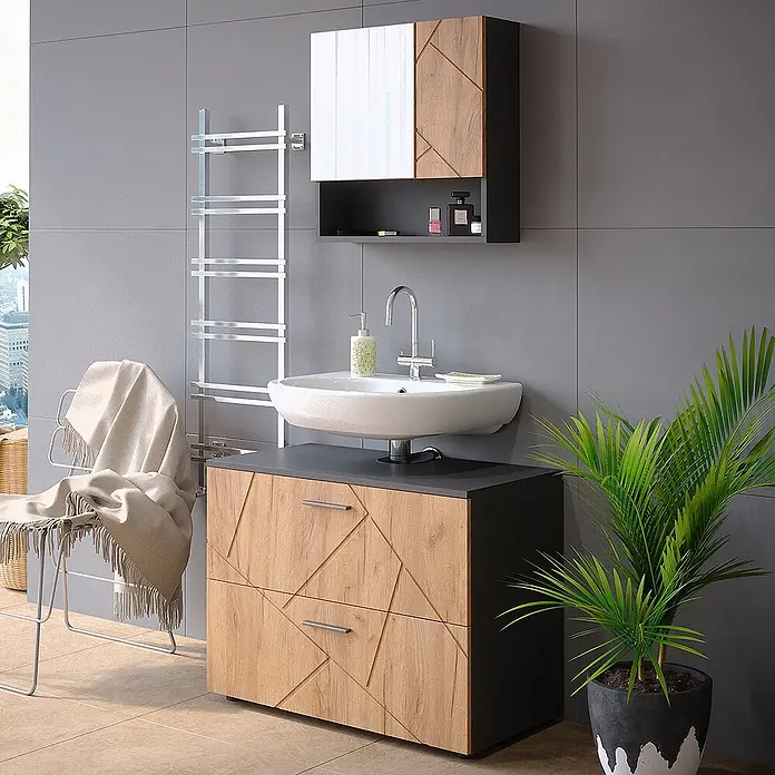Vicco Badmöbel-Set Irma Goldkraft Eiche/Anthrazit 2 Teile - Gesamtbreite Badmöbel: 80 cm, Goldkraft Eiche, Matt - Modernes Badezimmerwaschtisch- und Wandschrank-Set mit Holzoptik-Fronten, dunkelgrauen Akzenten und weißem Waschbecken.