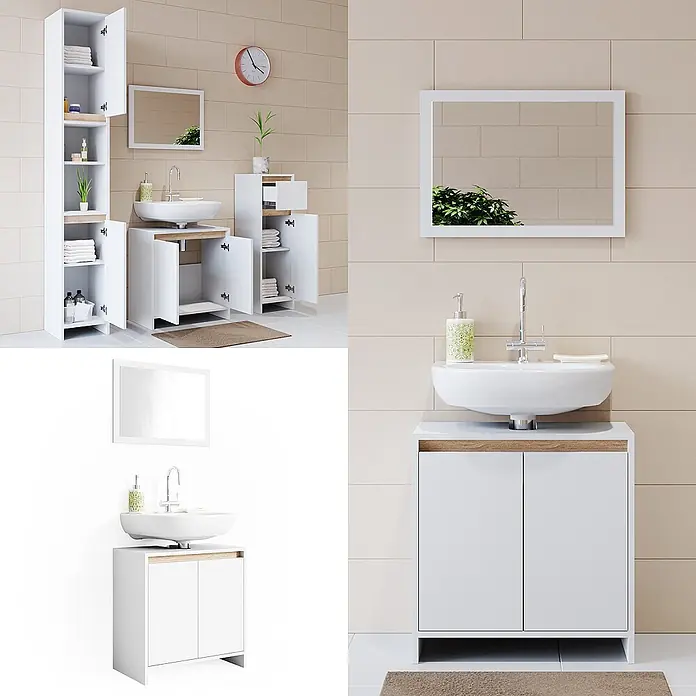 Badmöbel-Set Emma 60 cm Weiß Art.-Nr. 29823 -  - Weißes Badmöbel-Set mit Holzdetails, bestehend aus Hochschrank, Waschtischunterschrank und Kommode, im Badezimmer präsentiert.