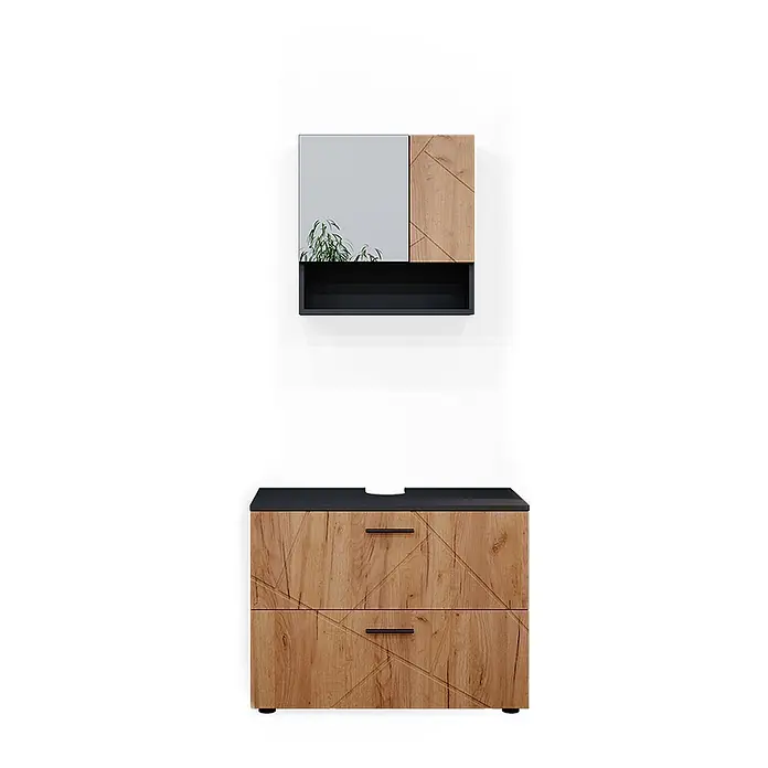Vicco Badmöbel-Set Irma Goldkraft Eiche/Anthrazit 2 Teile - Gesamtbreite Badmöbel: 80 cm, Goldkraft Eiche, Matt - Badmöbelset: Wandschrank mit Spiegel und gemusterter Holzfront, passender Waschtischunterschrank, beide mit dunklen Akzenten.