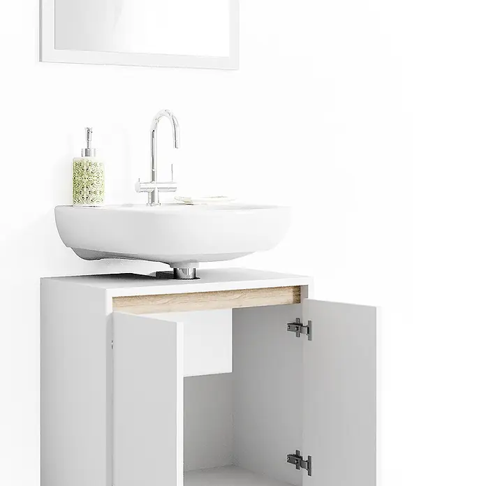 Badmöbel-Set Emma 60 cm Weiß Art.-Nr. 29823 -  - Weißer Badunterschrank mit offenen Türen, Aufsatzwaschbecken und Chromarmatur, mit heller Holzinnenblende.