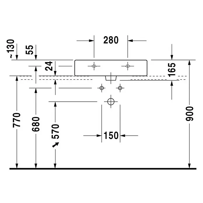 Duravit Vero Waschtisch - 60 x 47 cm, Ohne Spezialglasur, Hahnloch: Mitte, Mit Überlauf, Weiß, Geschliffen - Technische Zeichnung eines Aufsatzwaschbeckens mit Bemaßung für die Installation.