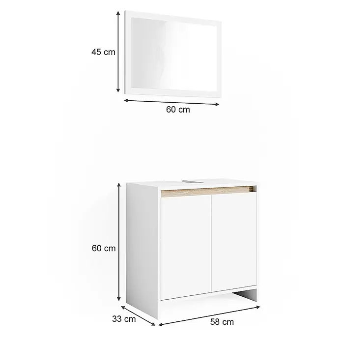 Badmöbel-Set Emma 60 cm Weiß Art.-Nr. 29823 -  - Weißer Badezimmerspiegel (60x45 cm) und weißer Badunterschrank (58x33x60 cm) mit Holzoptik-Platte.