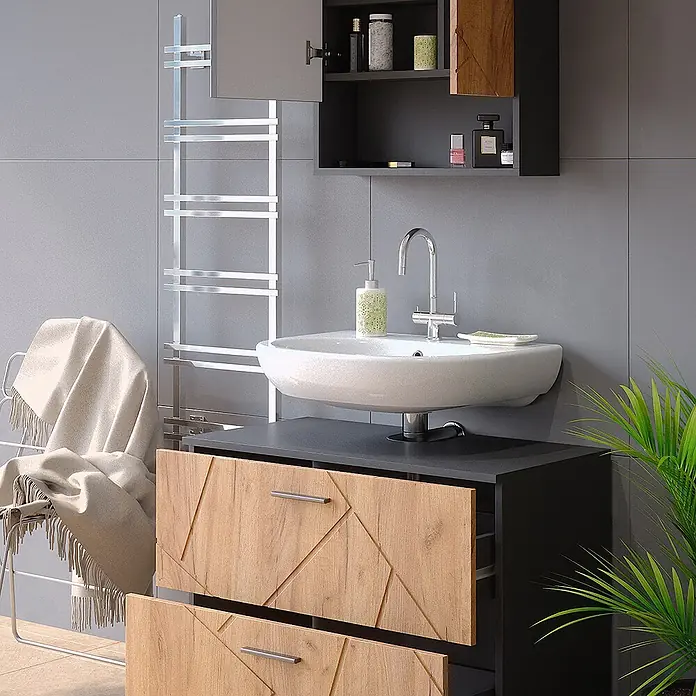 Vicco Badmöbel-Set Irma Goldkraft Eiche/Anthrazit 2 Teile - Gesamtbreite Badmöbel: 80 cm, Goldkraft Eiche, Matt - Moderner Badschrank mit weißem Waschbecken, dunkler Arbeitsplatte und Holzschubladen mit geometrischem Muster.
