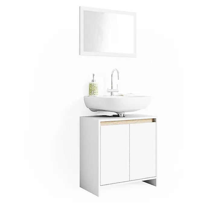 Badmöbel-Set Emma 60 cm Weiß Art.-Nr. 29823 -  - Weißer Badunterschrank mit Aufsatzwaschbecken, Chromarmatur und passendem Spiegel. Akzent aus hellem Holz.