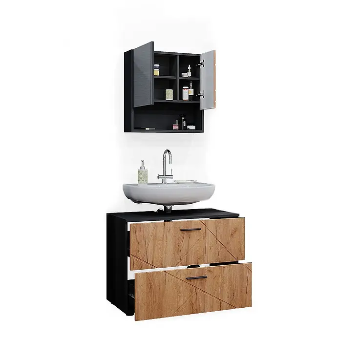 Vicco Badmöbel-Set Irma Goldkraft Eiche/Anthrazit 2 Teile - Gesamtbreite Badmöbel: 80 cm, Goldkraft Eiche, Matt - Modernes Badmöbel-Set mit dunkelgrauem und Holz-Wandschrank, weißem Keramikwaschbecken und schwarzem Unterschrank mit zwei Holzschubladen.