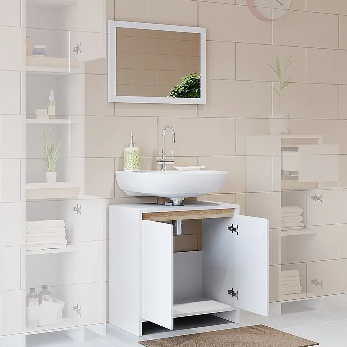 Badmöbel-Set Emma 60 cm Weiß Art.-Nr. 29823 -  - Weißer Badezimmerschrank mit offenen Türen, heller Holzplatte und Keramikwaschbecken in einem modernen Bad.