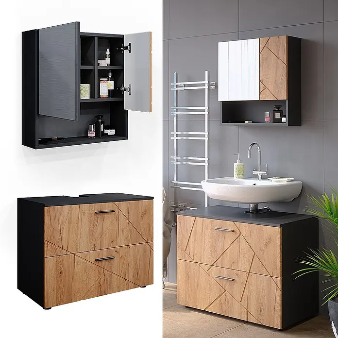 Vicco Badmöbel-Set Irma Goldkraft Eiche/Anthrazit 2 Teile - Gesamtbreite Badmöbel: 80 cm, Goldkraft Eiche, Matt - Modernes Badmöbel-Set in Schwarz & hellem Holz mit geometrischen Fronten, mit Wandschrank und Waschtischunterschrank.