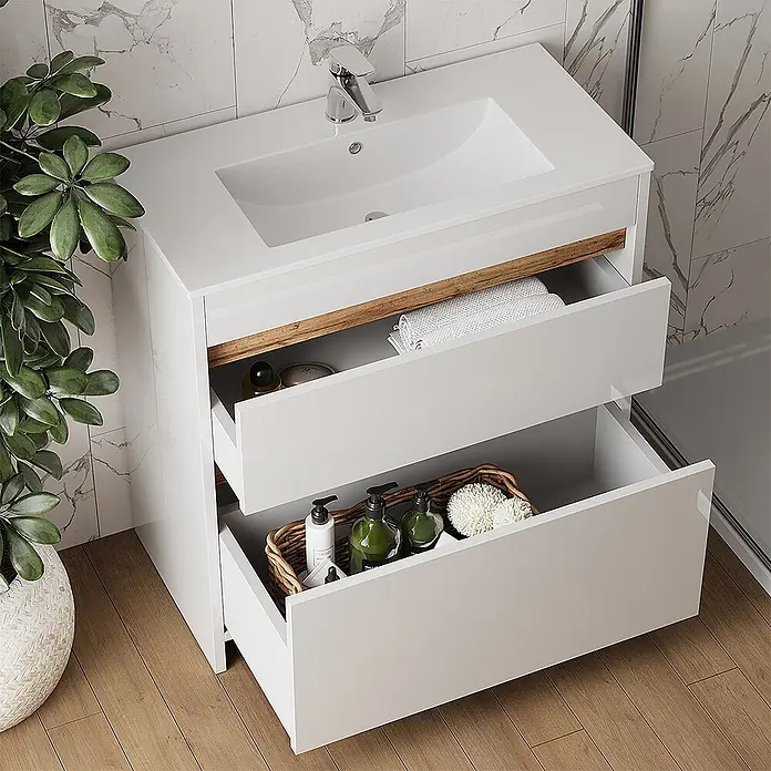 Vicco Badmöbel-Set Detmold Weiß Hochglanz/Goldkraft Eiche 2 Teile, Unterschrank 80 cm - Gesamtbreite Badmöbel: 79,8 cm, Weiß Hochglanz, Matt - Weißer Badschrank mit integriertem Waschbecken und Chromarmatur. Zwei offene Schubladen enthüllen ein Holzdekor und Stauraum für Toilettenartikel.
