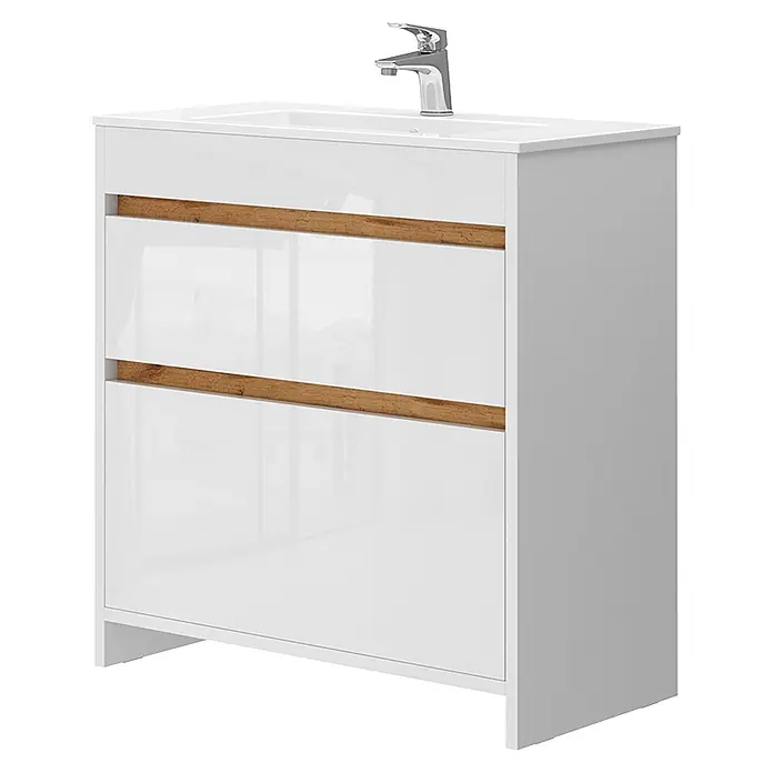 Vicco Badmöbel-Set Detmold Weiß Hochglanz/Goldkraft Eiche 2 Teile, Unterschrank 80 cm - Gesamtbreite Badmöbel: 79,8 cm, Weiß Hochglanz, Matt - Weißer Hochglanz-Badunterschrank mit zwei Schubladen, Holzgriffen, integriertem Waschbecken und Chromarmatur.