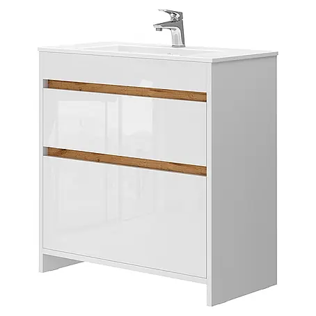 Vicco  Badmöbel-Set Detmold Weiß Hochglanz/Goldkraft Eiche 2 Teile, Unterschrank 80 cm