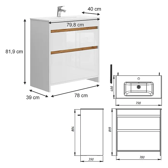 Vicco Badmöbel-Set Detmold Weiß Hochglanz/Goldkraft Eiche 2 Teile, Unterschrank 80 cm - Gesamtbreite Badmöbel: 79,8 cm, Weiß Hochglanz, Matt - Weißer Badezimmerschrank mit Waschbecken und zwei Schubladen, Holzdetails, mit Maßangaben.