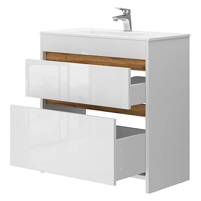 Vicco Badmöbel-Set Detmold Weiß Hochglanz/Goldkraft Eiche 2 Teile, Unterschrank 80 cm - Gesamtbreite Badmöbel: 79,8 cm, Weiß Hochglanz, Matt - Weißer Hochglanz-Badschrank mit zwei offenen Schubladen, braunem Akzent, integriertem Waschbecken und Chromarmatur.