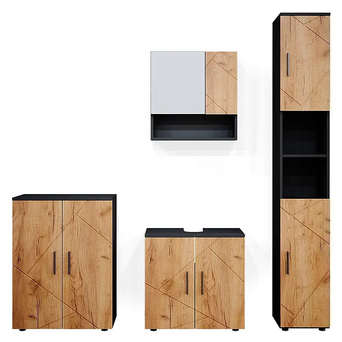 Vicco Badmöbel-Set Irma Goldkraft Eiche/Anthrazit 4 Teile, mit Hochschrank und Kommode - Gesamtbreite Badmöbel: 150 cm, Goldkraft Eiche, Matt - Modernes Badmöbel-Set in heller Holzoptik mit schwarzen Rahmen und Griffen, bestehend aus Hochschrank, Hängeschrank, Waschbeckenunterschrank und Unterschrank.