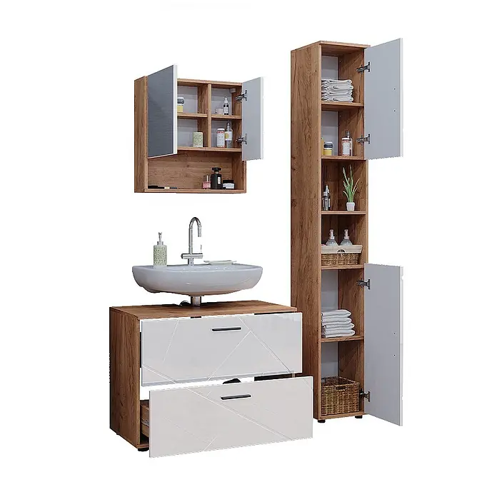 Vicco Badmöbel-Set Irma Weiß Hochglanz 3 Teile, mit Schubladenschrank und Hochschrank - Weiß Hochglanz, Glänzend - Modernes Badmöbel-Set in Holzoptik mit weißen Hochglanzfronten, bestehend aus Waschtischunterschrank, Spiegelschrank und Hochschrank.