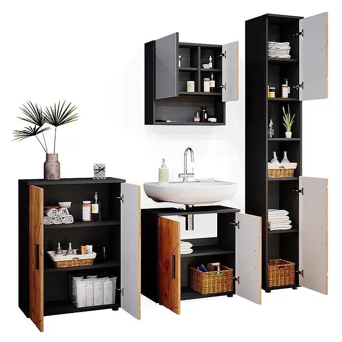 Vicco Badmöbel-Set Irma Goldkraft Eiche/Anthrazit 4 Teile, mit Hochschrank und Kommode - Gesamtbreite Badmöbel: 150 cm, Goldkraft Eiche, Matt - Badmöbel-Set: Dunkelgraue Schränke mit Holztüren, darunter Wand-, Waschbecken-, Hoch- und Beistellschränke.