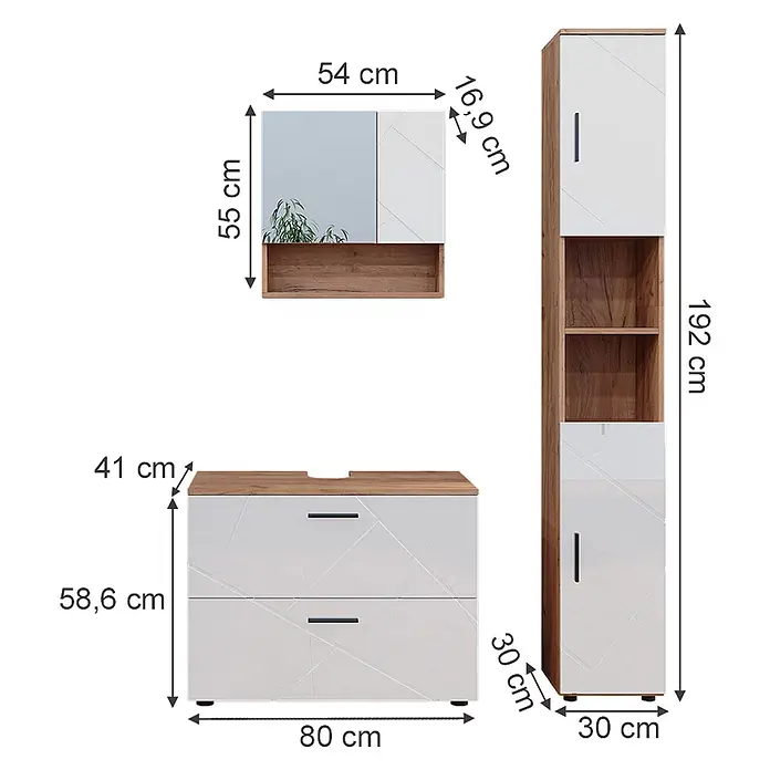 Vicco Badmöbel-Set Irma Weiß Hochglanz 3 Teile, mit Schubladenschrank und Hochschrank - Weiß Hochglanz, Glänzend - Weiß-holzfarbenes Badmöbelset mit Waschtischunterschrank, Spiegelschrank und Hochschrank mit Schubladen und Regalen.