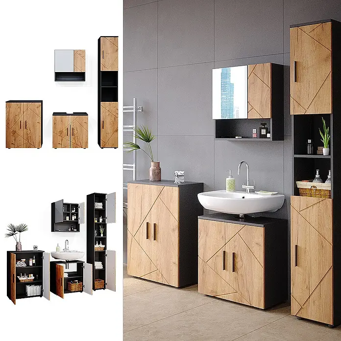 Vicco Badmöbel-Set Irma Goldkraft Eiche/Anthrazit 4 Teile, mit Hochschrank und Kommode - Gesamtbreite Badmöbel: 150 cm, Goldkraft Eiche, Matt - Badezimmermöbel-Set: Holzoptikschränke mit geometrischen Türen, schwarzen Akzenten, Spiegel und Regalen.