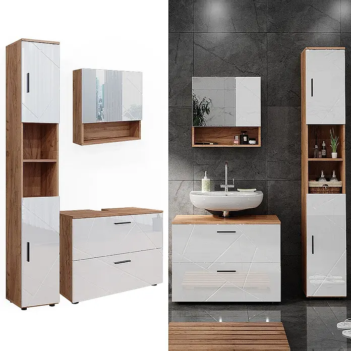 Vicco Badmöbel-Set Irma Weiß Hochglanz 3 Teile, mit Schubladenschrank und Hochschrank - Weiß Hochglanz, Glänzend - Badezimmermöbel-Set aus Holzoptik in Braun und glänzend weißen Fronten mit geometrischem Muster.