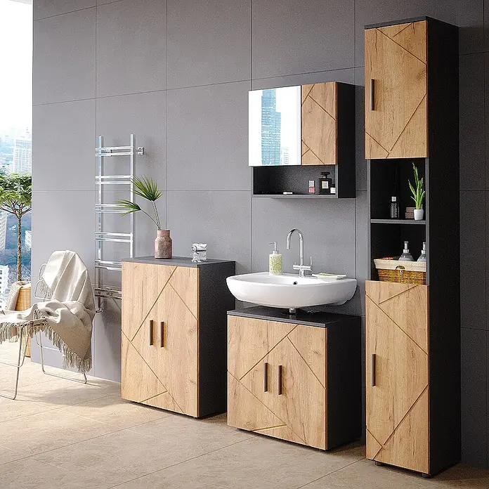 Vicco Badmöbel-Set Irma Goldkraft Eiche/Anthrazit 4 Teile, mit Hochschrank und Kommode - Gesamtbreite Badmöbel: 150 cm, Goldkraft Eiche, Matt - Modernes Badmöbel-Set mit schwarzen Rahmen und holzfarbenen Fronten mit geometrischem Muster, inkl. Waschbeckenunterschrank, Hoch- und Seitenschrank.