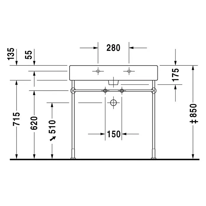 Duravit Vero Waschtisch - 80 x 47 cm, Ohne Spezialglasur, Hahnloch: Mitte, Mit Überlauf, Weiß, Ungeschliffen - Waschbeckenunterschrank Schema mit Maßen. Der Unterschrank ist aus Metall und hat eine Ablage unter dem Waschbecken.