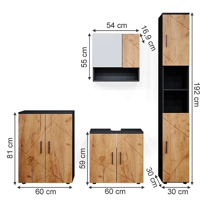 Vicco Badmöbel-Set Irma Goldkraft Eiche/Anthrazit 4 Teile, mit Hochschrank und Kommode - Gesamtbreite Badmöbel: 150 cm, Goldkraft Eiche, Matt - Vierteiliges modernes Badmöbel-Set in heller Holzoptik und Schwarz, bestehend aus Hoch-, Unter-, Waschbecken- und Wandschrank.