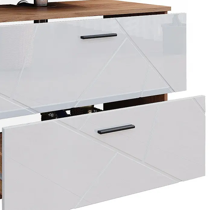 Vicco Badmöbel-Set Irma Weiß Hochglanz 3 Teile, mit Schubladenschrank und Hochschrank - Weiß Hochglanz, Glänzend - Zwei weiße Schubladen mit geometrischen Mustern und schwarzen Griffen in einem Holzrahmen. Eine Schublade ist leicht geöffnet.