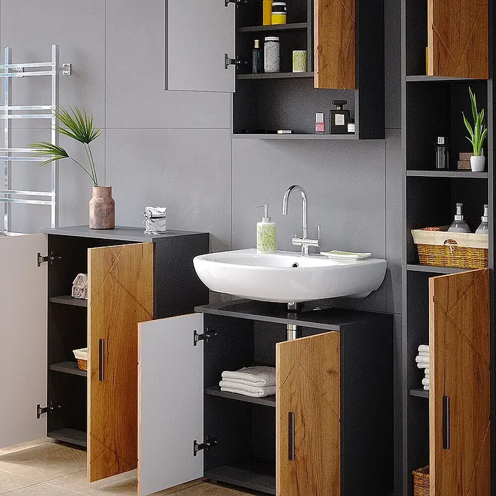Vicco Badmöbel-Set Irma Goldkraft Eiche/Anthrazit 4 Teile, mit Hochschrank und Kommode - Gesamtbreite Badmöbel: 150 cm, Goldkraft Eiche, Matt - Modernes dunkelgraues Badmöbelset in Holzoptik mit Waschbecken, offenen Schränken und Regalen für Toilettenartikel und Handtücher.