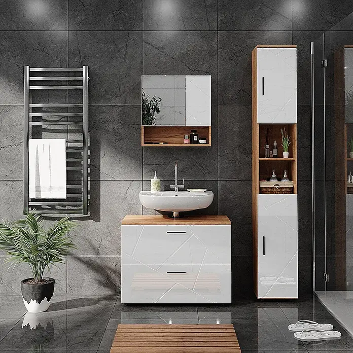 Vicco Badmöbel-Set Irma Weiß Hochglanz 3 Teile, mit Schubladenschrank und Hochschrank - Weiß Hochglanz, Glänzend - Moderne Badmöbel: weißer Waschtisch mit Waschbecken, Spiegelschrank und hoher Schrank, mit Marmorfronten und Holzdetails.